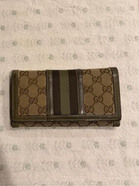 Gucci Brown Monogram Canvas Wallet with Olive and Dark Brown Stripe